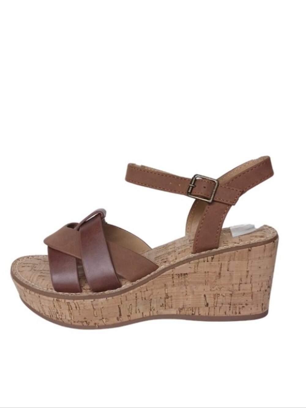 Y•Not? Sandals Women's 8.5 Brown Faux Leather Strappy Wedge Boho Shoes